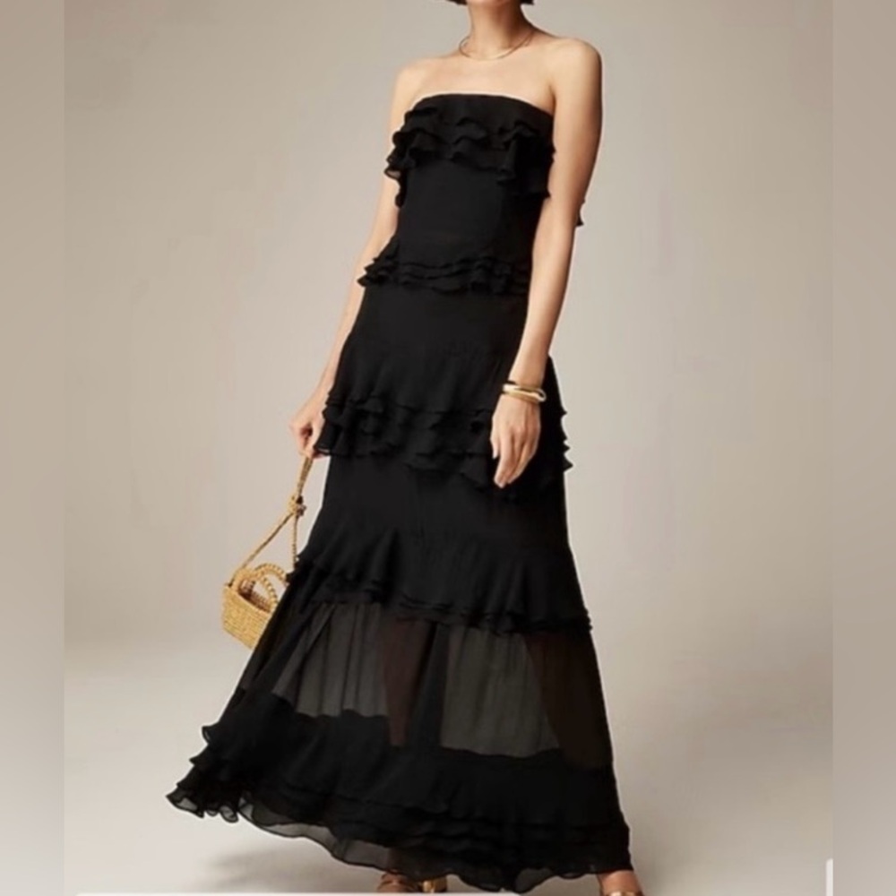 J. Crew Black Strapless Ruffle-Trim Maxi Dress